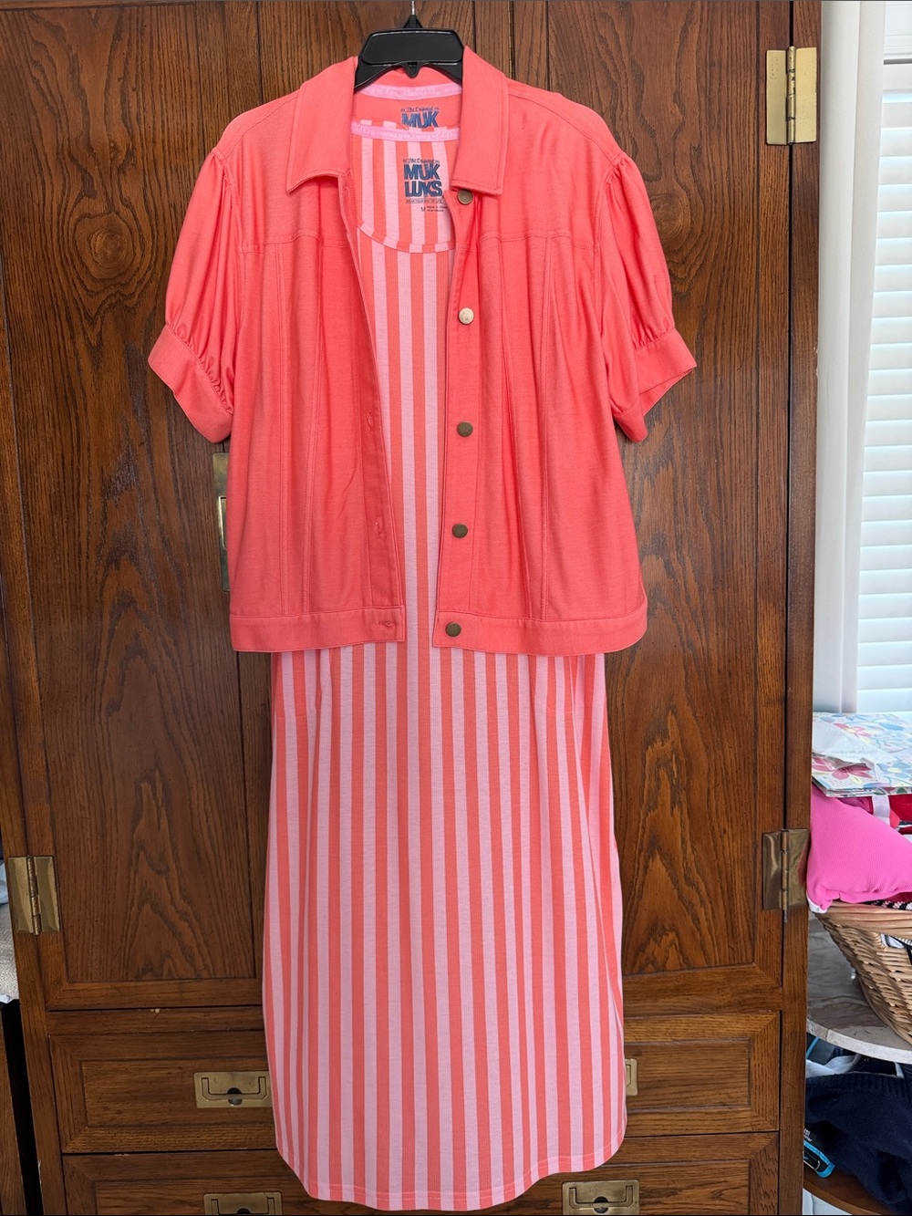 Muk Luks Coral and Pale Pink Striped Dress with Matching Coral Cardigan